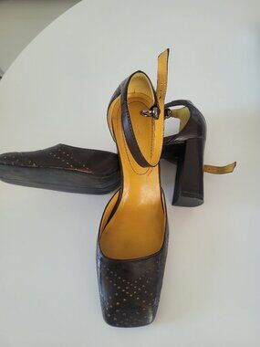 Brown ankle strap chunky heels